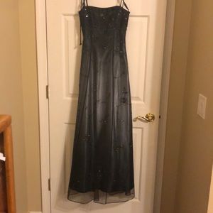 Black/silver lacy beaded floor-length gown